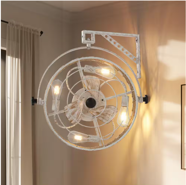 FANNEHONNE 20 in. Bohemian Indoor White Wall Mount Caged Ceiling Fan with Light and Remote, Reversible for Garage, Office