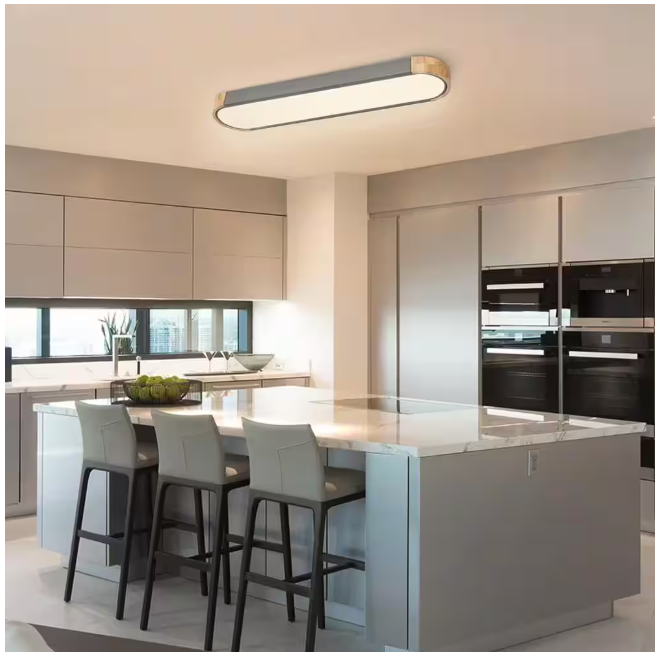 HUOKU Lumin 38 in. 1-Light Gray Integrated LED Flush Mount Minimalist Long Oval Wood Ceiling Light Warm Light 3000K