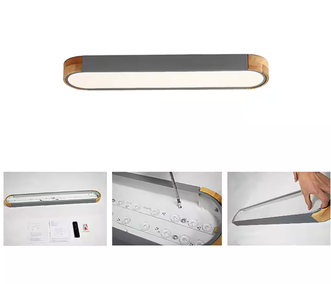 HUOKU Lumin 38 in. 1-Light Gray Integrated LED Flush Mount Minimalist Long Oval Wood Ceiling Light Warm Light 3000K