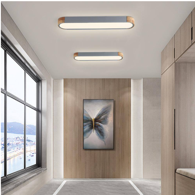 HUOKU Lumin 38 in. 1-Light Gray Integrated LED Flush Mount Minimalist Long Oval Wood Ceiling Light Warm Light 3000K