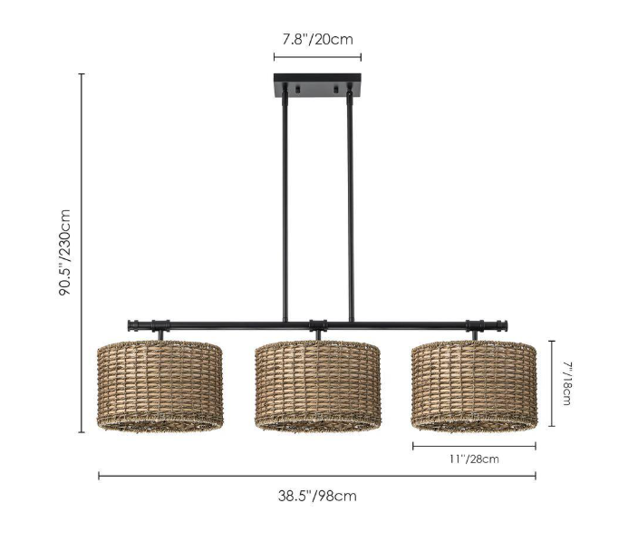 Rennnsan Terry 3-Light Black Farmhouse Linear Island Chandelier Light with Rattan Shades
