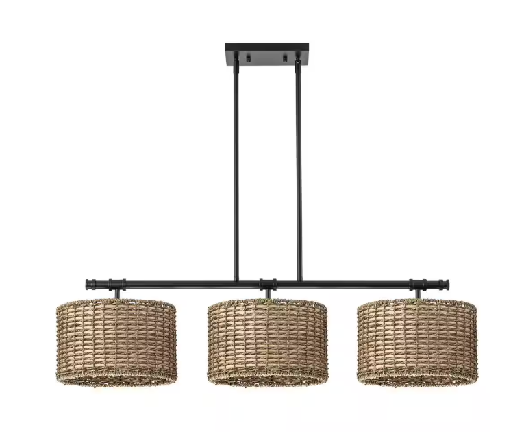 Rennnsan Terry 3-Light Black Farmhouse Linear Island Chandelier Light with Rattan Shades