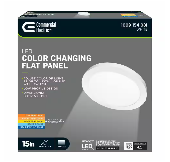 Commercial Electric 15 in. 22.5-Watt Dimmable White Integrated LED 1650 Lumens Round Flat Panel Ceiling Flush Mount with Color Change 5CCT
