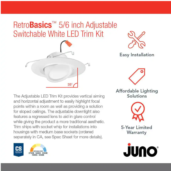 Juno Retro Basics Adjustable 5/6 in. Selectable CCT Integrated LED Retrofit White Housing Required Recessed Light Trim
