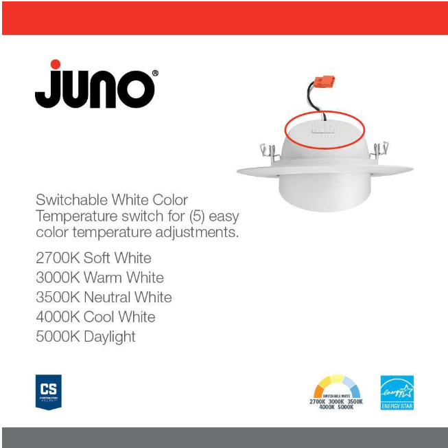Juno Retro Basics Adjustable 5/6 in. Selectable CCT Integrated LED Retrofit White Housing Required Recessed Light Trim