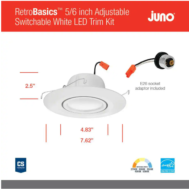 Juno Retro Basics Adjustable 5/6 in. Selectable CCT Integrated LED Retrofit White Housing Required Recessed Light Trim