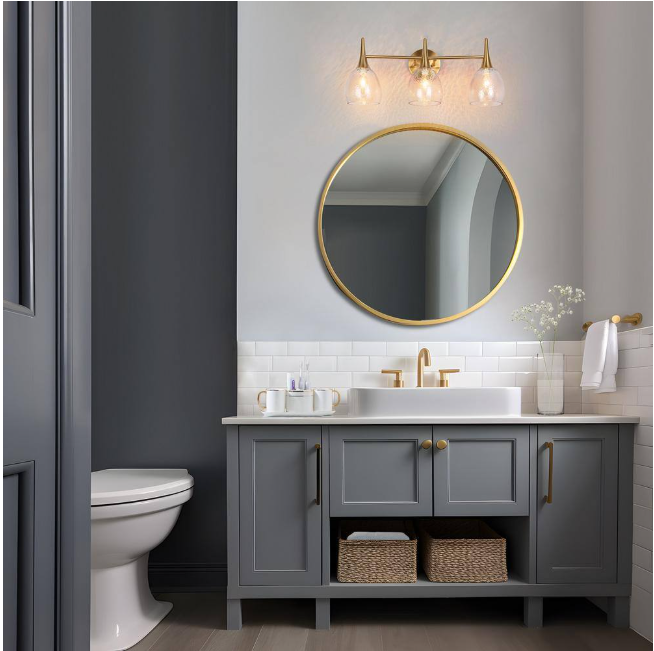 LNC Cymerlarity Modern Plating Brass Vanity Light 21.5 in. Bathroom Powder Room Wall Light with Textured Glass Shades