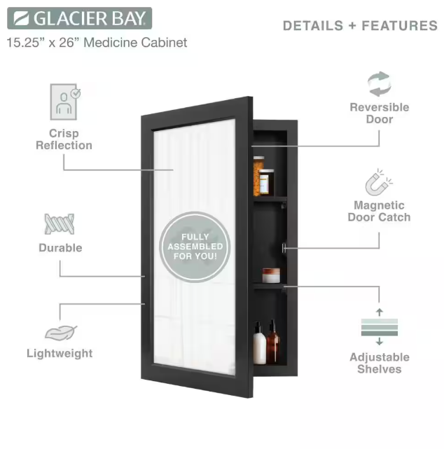 Glacier Bay 15-1/4 in. W x 26 in. H Rectangular Framed Recessed or Surface-Mount Bathroom Medicine Cabinet with Mirror, Black