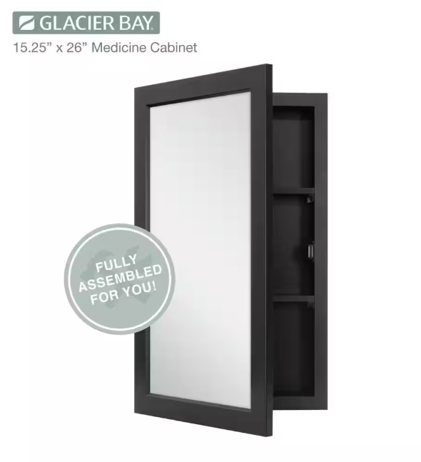 Glacier Bay 15-1/4 in. W x 26 in. H Rectangular Framed Recessed or Surface-Mount Bathroom Medicine Cabinet with Mirror, Black