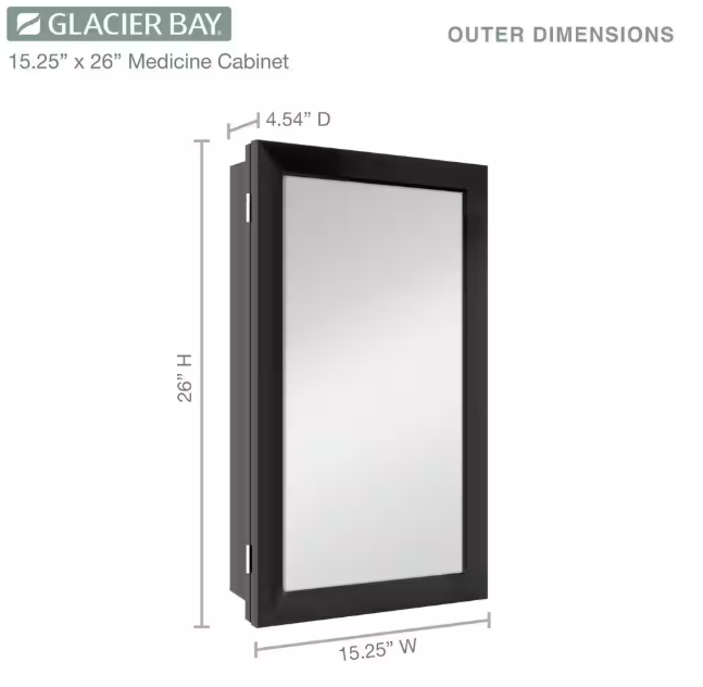 Glacier Bay 15-1/4 in. W x 26 in. H Rectangular Framed Recessed or Surface-Mount Bathroom Medicine Cabinet with Mirror, Black