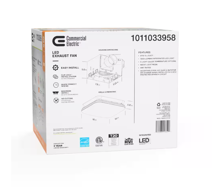 Commercial Electric 50 CFM Ceiling Mount Room Side Installation Bathroom Exhaust Fan with Adjustable Color Temperature LED and Night Light