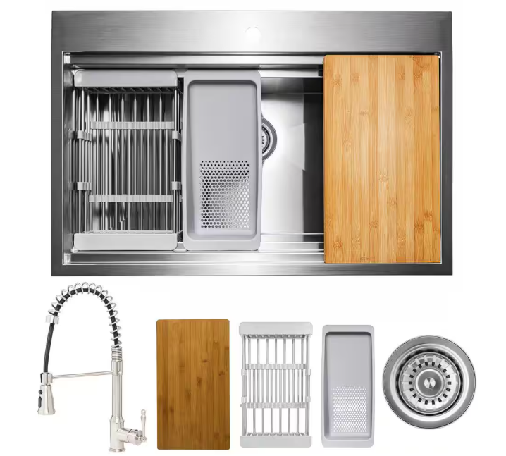 AKDY Handmade All-in-One Topmount Stainless Steel 33 in. x 22 in. Single Bowl Kitchen Sink w/ Spring Neck Faucet, Accessory
