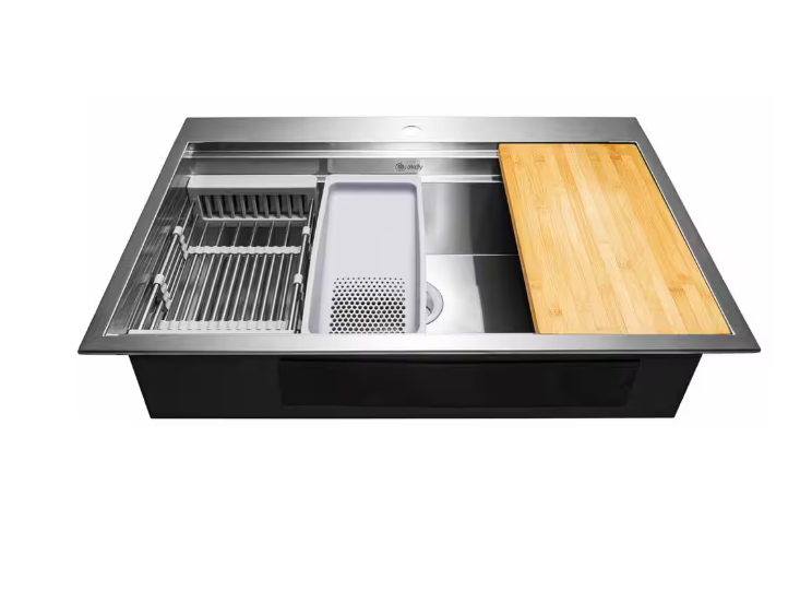 AKDY Handmade All-in-One Topmount Stainless Steel 33 in. x 22 in. Single Bowl Kitchen Sink w/ Spring Neck Faucet, Accessory