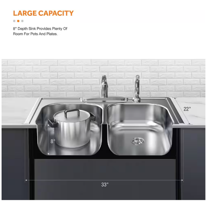 Glacier Bay 33 in. Drop-In 50/50 Double Bowl 20 Gauge Stainless Steel Kitchen Sink
