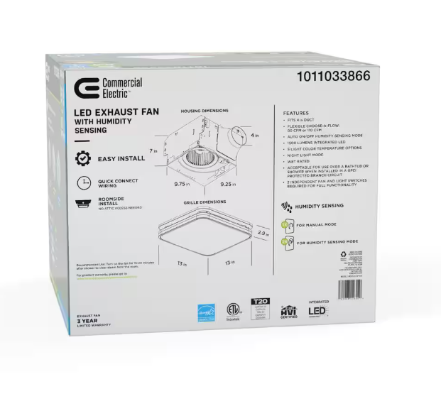 Commercial Electric 80 /110 CFM Ceiling Mount Room Side Installation Square Bathroom Exhaust Fan with Night Light and Humidity Sensor