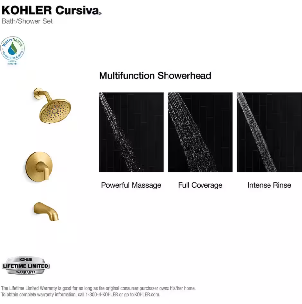 KOHLER Cursiva Single-Handle 3-Spray Tub and Shower Faucet 1.75 GPM in Vibrant Brushed Moderne Brass (Valve Included)