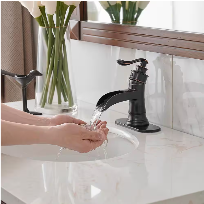 BWE Waterfall Single Hole Single-Handle Low-Arc Bathroom Faucet With Pop-up Drain Assembly in Oil Rubbed Bronze