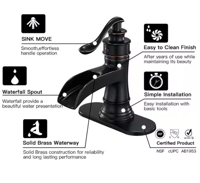 BWE Waterfall Single Hole Single-Handle Low-Arc Bathroom Faucet With Pop-up Drain Assembly in Oil Rubbed Bronze