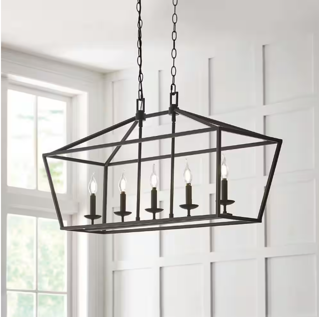 Home Decorators Collection Weyburn 36 in. 5-Light Bronze Farmhouse Linear Chandelier Light Fixture with Caged Metal Shade