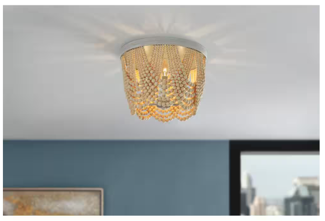 Home Decorators Collection Harlan 15 in. 3-Light Brushed Grey Flush Mount with Natural Real Wood Beads