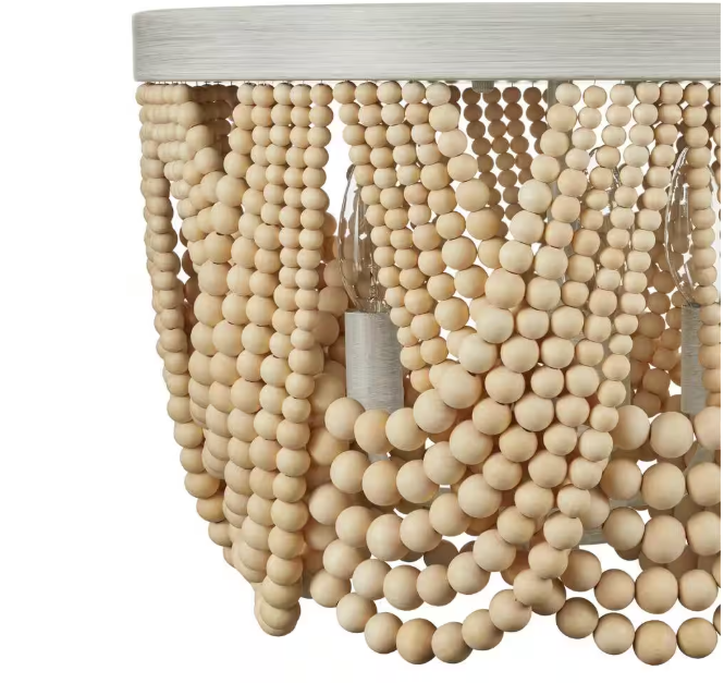 Home Decorators Collection Harlan 15 in. 3-Light Brushed Grey Flush Mount with Natural Real Wood Beads