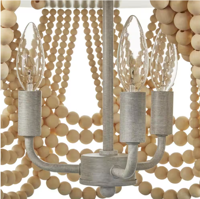 Home Decorators Collection Harlan 15 in. 3-Light Brushed Grey Flush Mount with Natural Real Wood Beads