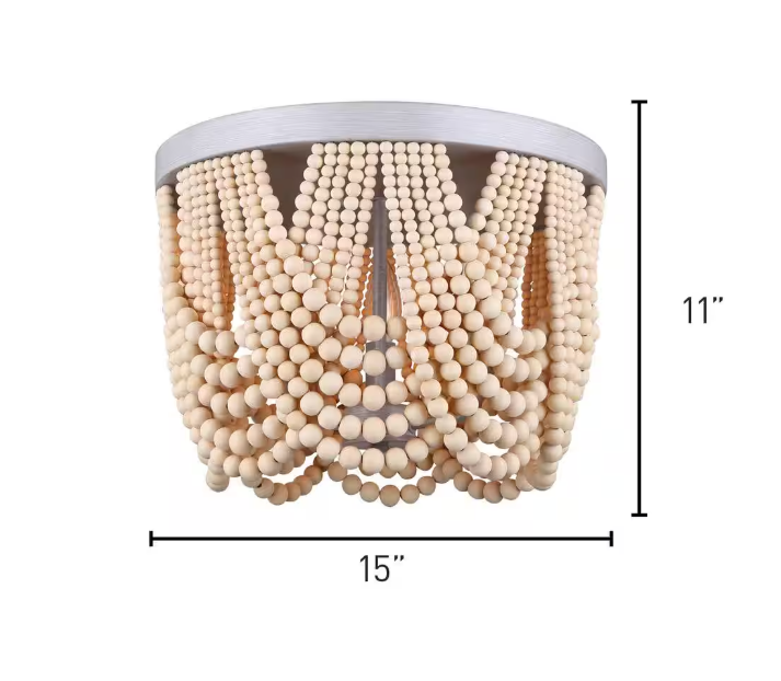 Home Decorators Collection Harlan 15 in. 3-Light Brushed Grey Flush Mount with Natural Real Wood Beads
