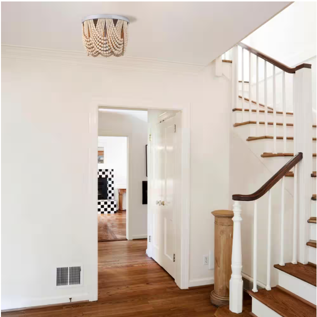 Home Decorators Collection Harlan 15 in. 3-Light Brushed Grey Flush Mount with Natural Real Wood Beads