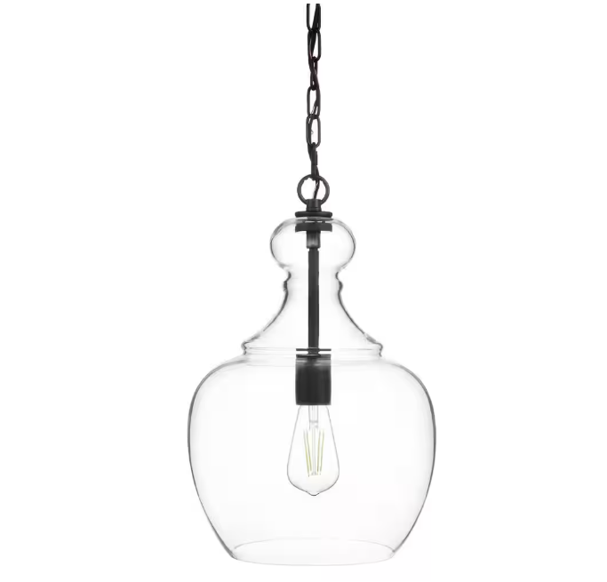 Home Decorators Collection Bakerston 1-Light Matte Black Hanging Pendant with Clear Glass Shade