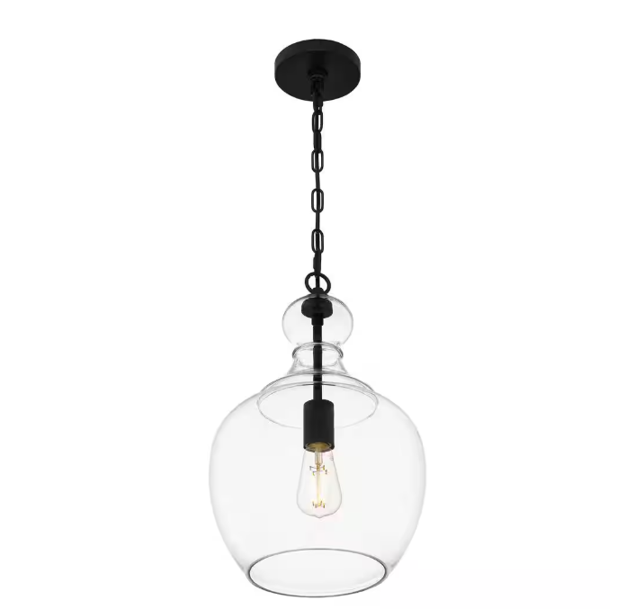 Home Decorators Collection Bakerston 1-Light Matte Black Hanging Pendant with Clear Glass Shade