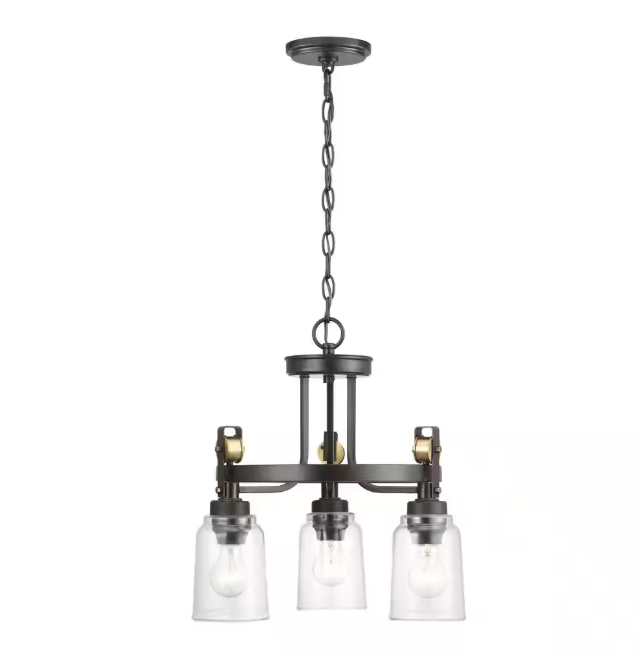 Home Decorators Collection Knollwood 17-1/2 in. 3-Light Black Bronze with Brass Accents Industrial Round Chandelier for Kitchens Bulbs Included