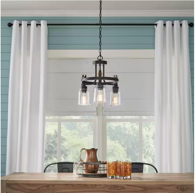 Home Decorators Collection Knollwood 17-1/2 in. 3-Light Black Bronze with Brass Accents Industrial Round Chandelier for Kitchens Bulbs Included