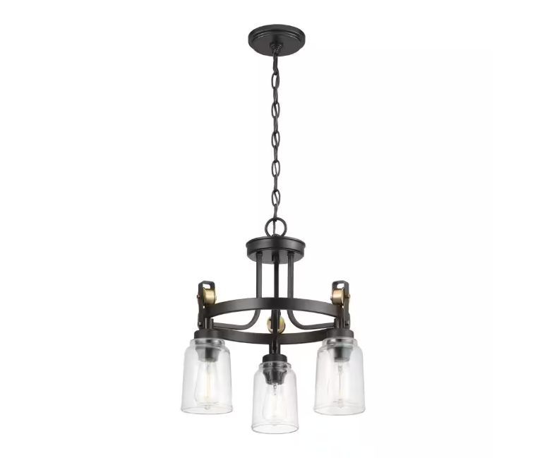 Home Decorators Collection Knollwood 17-1/2 in. 3-Light Black Bronze with Brass Accents Industrial Round Chandelier for Kitchens Bulbs Included