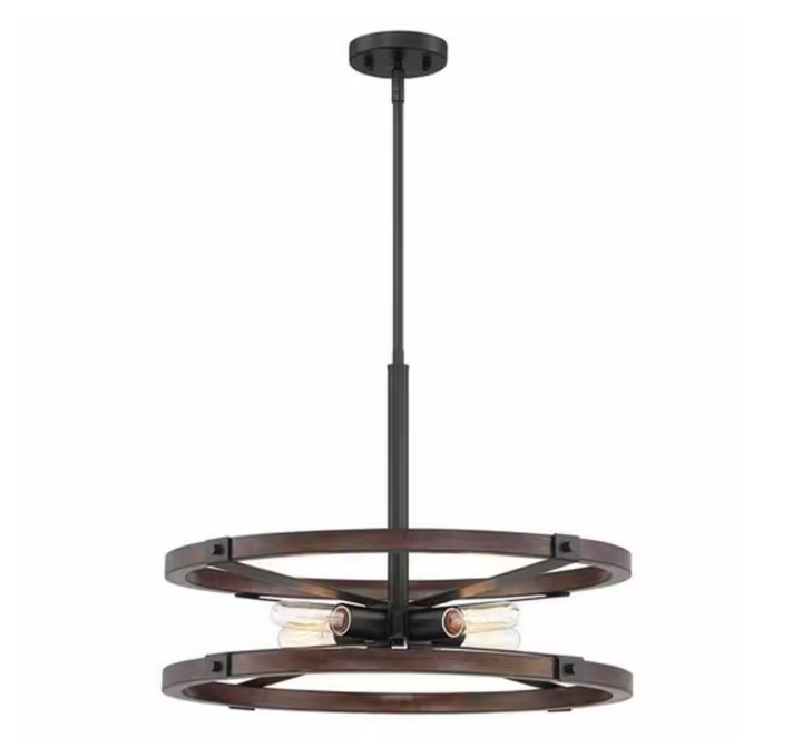 Hampton Bay Rockland 60-Watt 4-Light Matte Black Pendant with Painted Wood Accent Shade