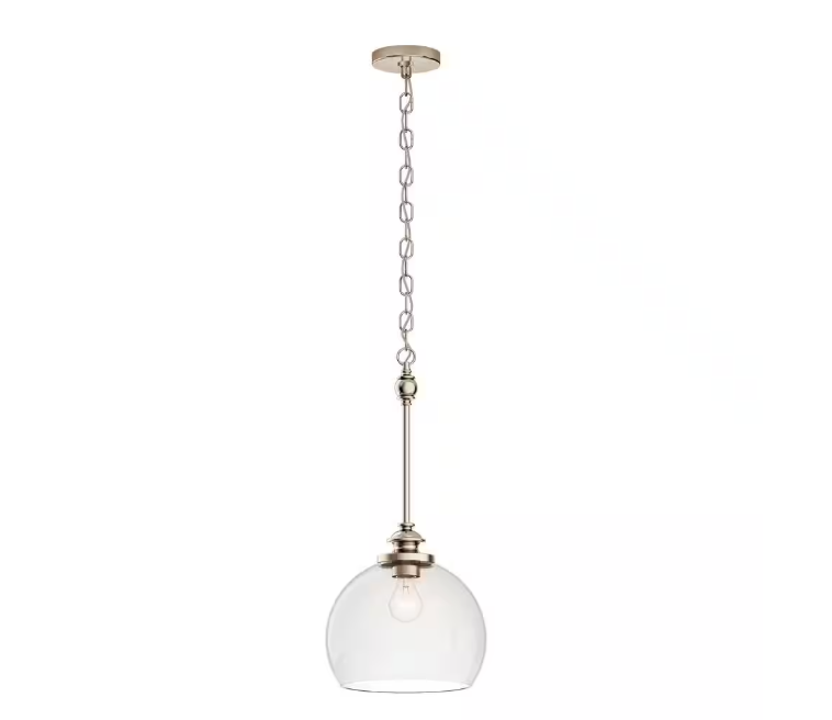 KICHLER Lecelles 1-Light Polished Nickel Traditional Globe Kitchen Pendant Hanging Light with Clear Glass Shade