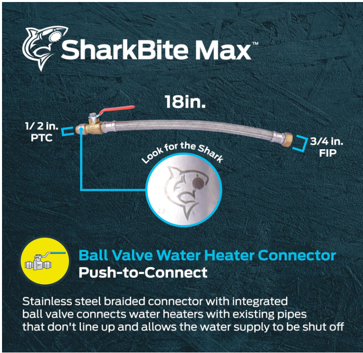 SharkBite Max UR3068FX18BV 1/2" x 3/4" FIP 18-in Water Heater Connect Ball Valve