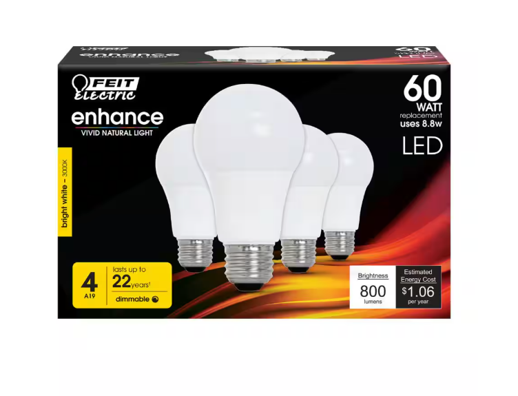Feit Electric 60-Watt Equivalent A19 Dimmable CEC Title 20 90+ CRI E26 Medium LED Light Bulb, Bright White 3000K (24-Pack)