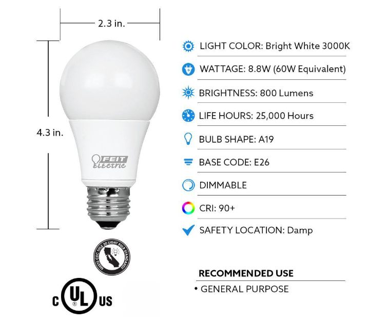 Feit Electric 60-Watt Equivalent A19 Dimmable CEC Title 20 90+ CRI E26 Medium LED Light Bulb, Bright White 3000K (24-Pack)