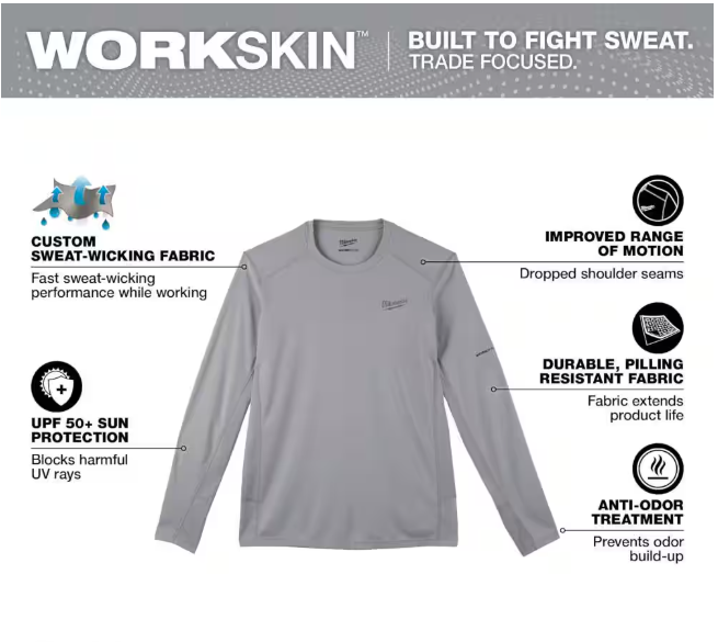 Milwaukee Men's Work Skin 2XL Gray Light Weight Performance Long-Sleeve T-Shirt
