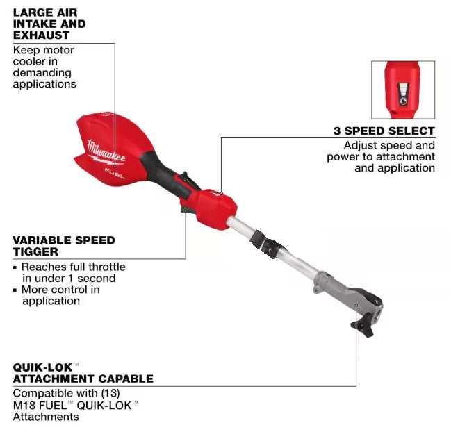 Milwaukee M18 FUEL 18V Brushless Cordless Battery Powered QUIK-LOK Power Head with Attachment Capability (Tool-Only)