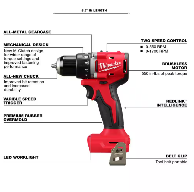 Milwaukee M18 18V Lithium-Ion Brushless Cordless 1/2 in. Compact Drill/Driver (Tool, Charger & Bag)-Only)