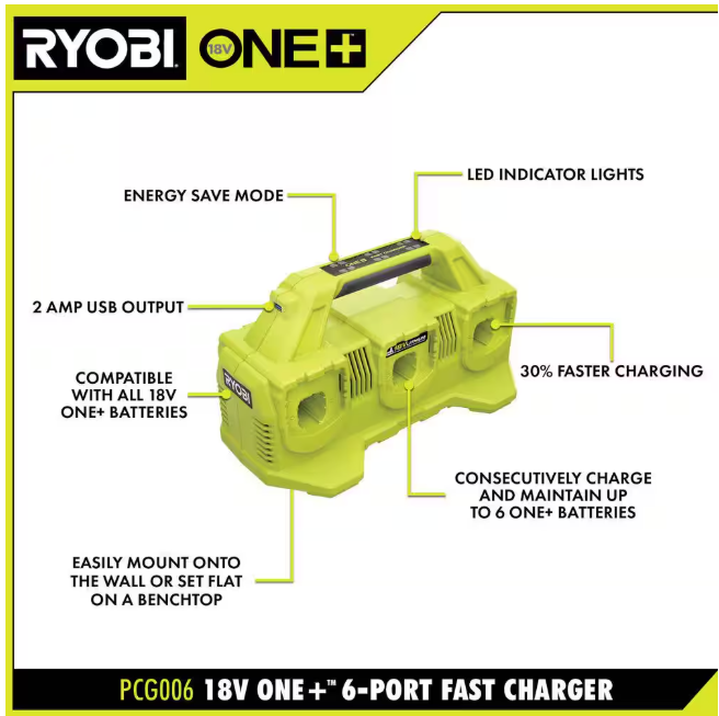 RYOBI ONE+ 18V 6-Port Fast Charger