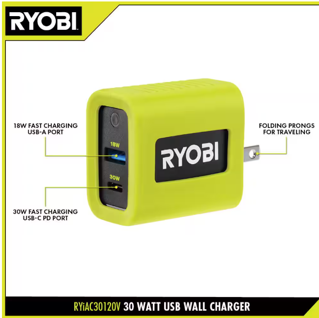 RYOBI 30 Watt USB Wall Charger