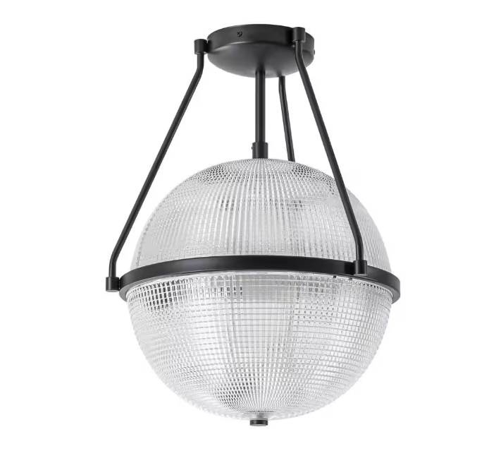 Rennnsan Lena 13.7 in. 3-Light Black Modern Industrial Semi-Flush Mount with Clear Grid Glass Globe Shade