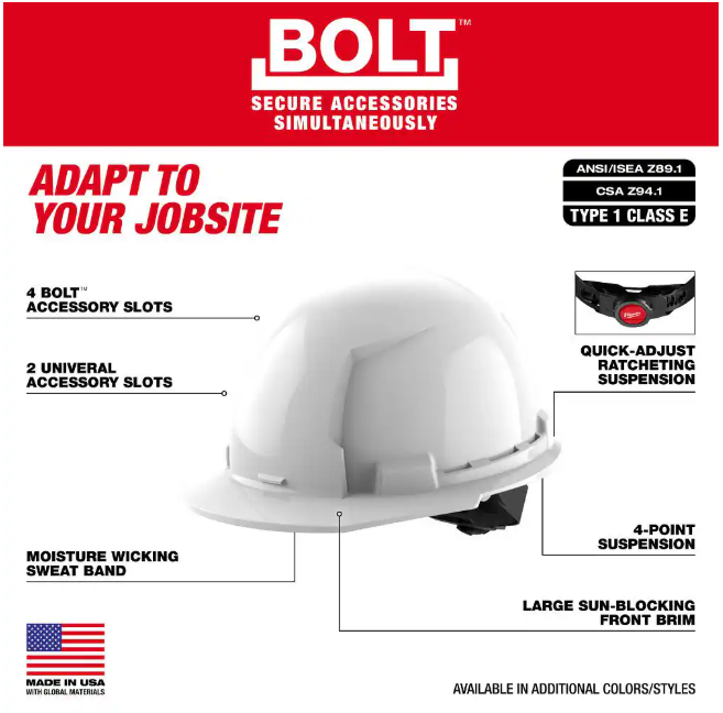 Milwaukee BOLT Yellow Type 1 Class E Front Brim Non-Vented Hard Hat with 4 Point Ratcheting Suspension
