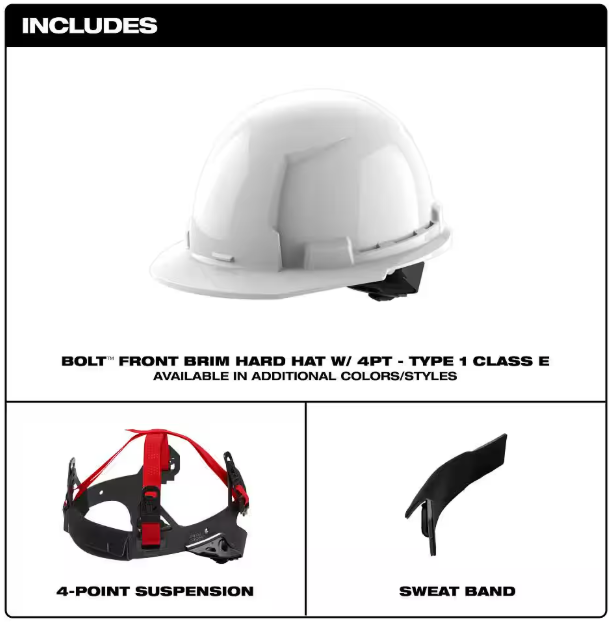 Milwaukee BOLT Yellow Type 1 Class E Front Brim Non-Vented Hard Hat with 4 Point Ratcheting Suspension