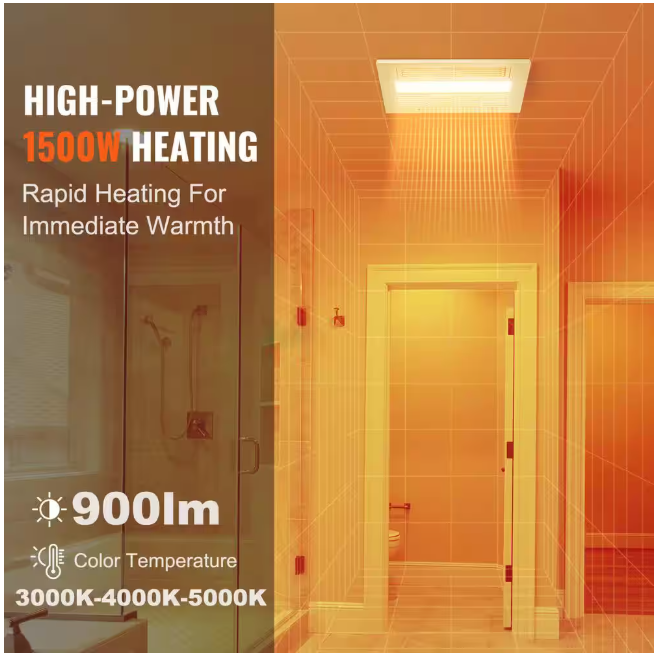 SKYSHALO 110 CFM Bathroom Exhaust Fan 1500-Watt Heating Energy-Saving Bathroom Ceiling Fan, Low Noise Operation, Energy-Saving