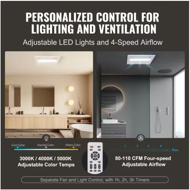 SKYSHALO 110 CFM Bathroom Exhaust Fan 1500-Watt Heating Energy-Saving Bathroom Ceiling Fan, Low Noise Operation, Energy-Saving