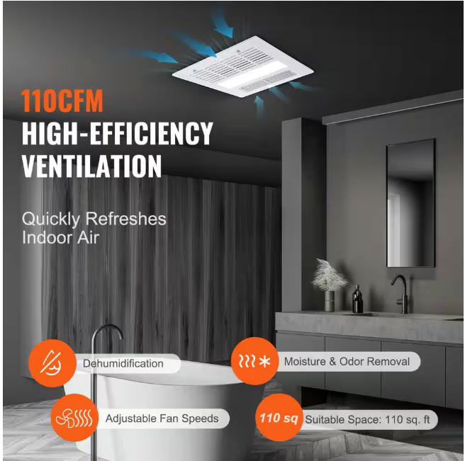 SKYSHALO 110 CFM Bathroom Exhaust Fan 1500-Watt Heating Energy-Saving Bathroom Ceiling Fan, Low Noise Operation, Energy-Saving