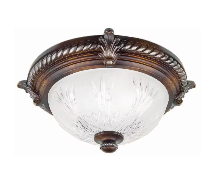 Hampton Bay Bercello Estates 15 in. Traditional 2-Light Volterra Bronze Dimmable Flush Mount Ceiling Light with Etched Glass Shade